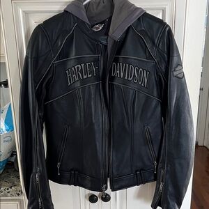 Harley-Davidson Black Leather Bomber Jacket with Gray Hood